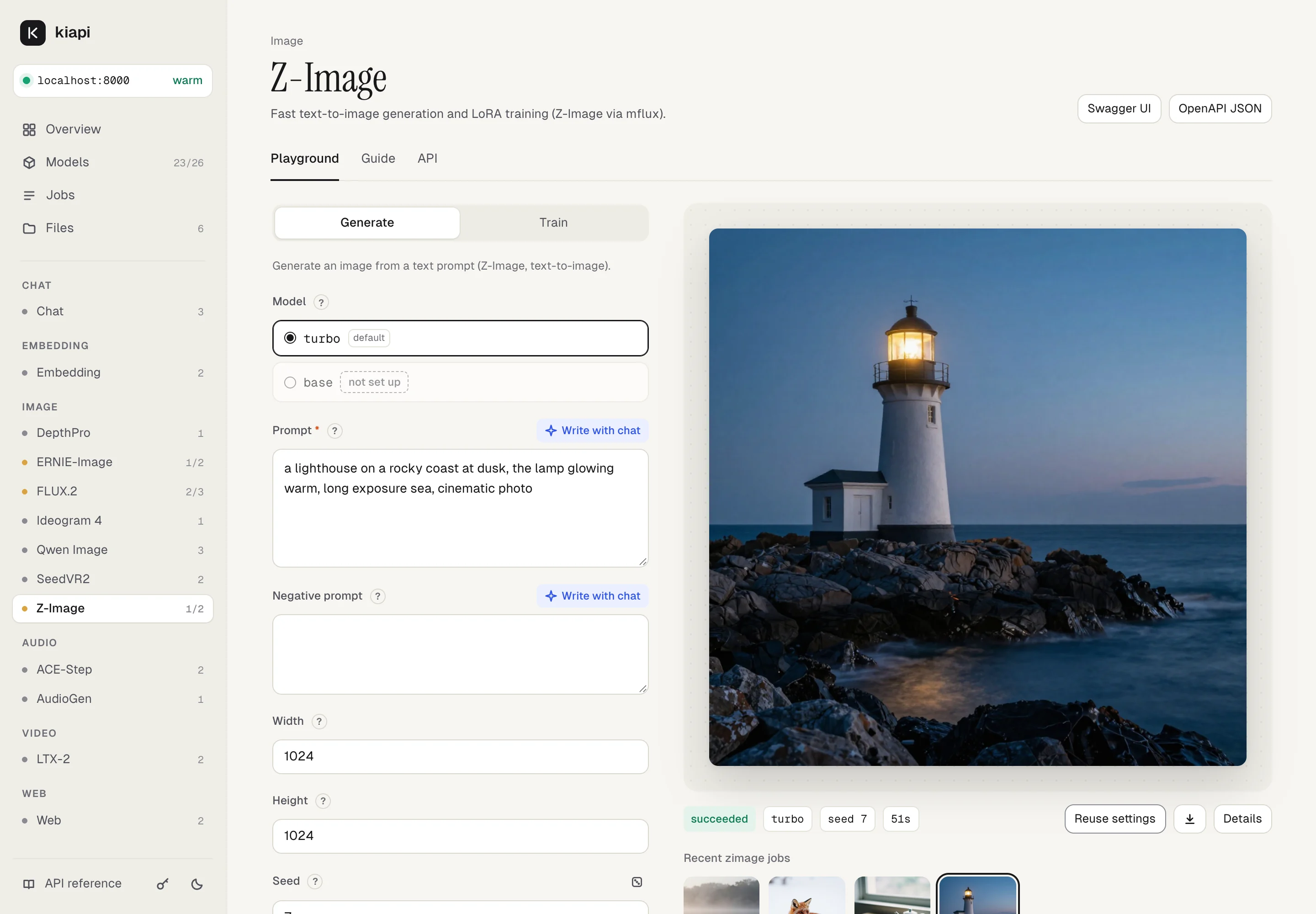 The kiapi web UI running Z-Image, with the generated image next to the form