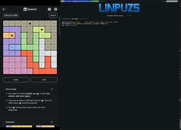 linpuzs solving Queens, Tango, Mini Sudoku and Patches on a phone