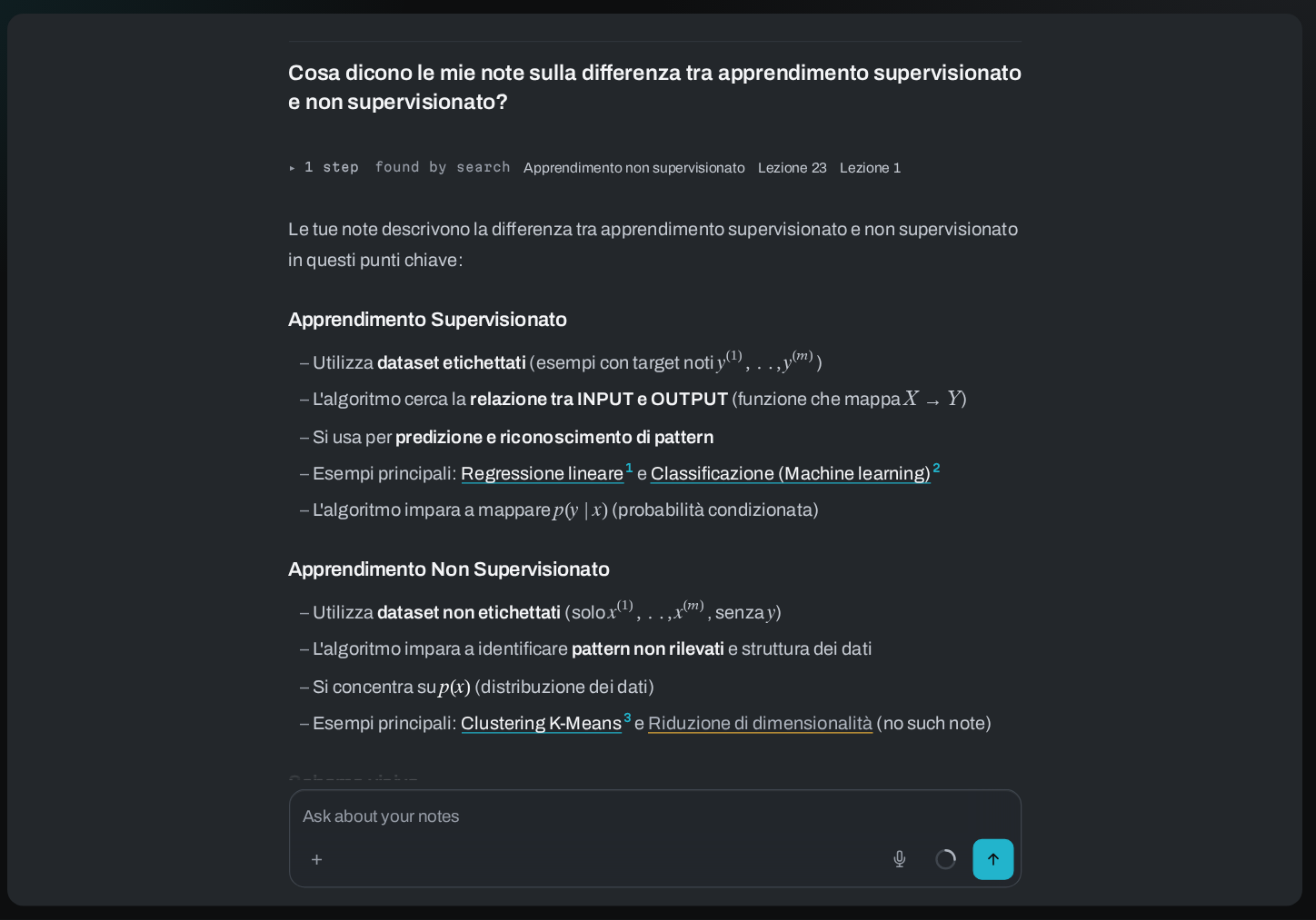A chat answer listing the notes found by search, with each claim linked to its note and one link marked as having no note