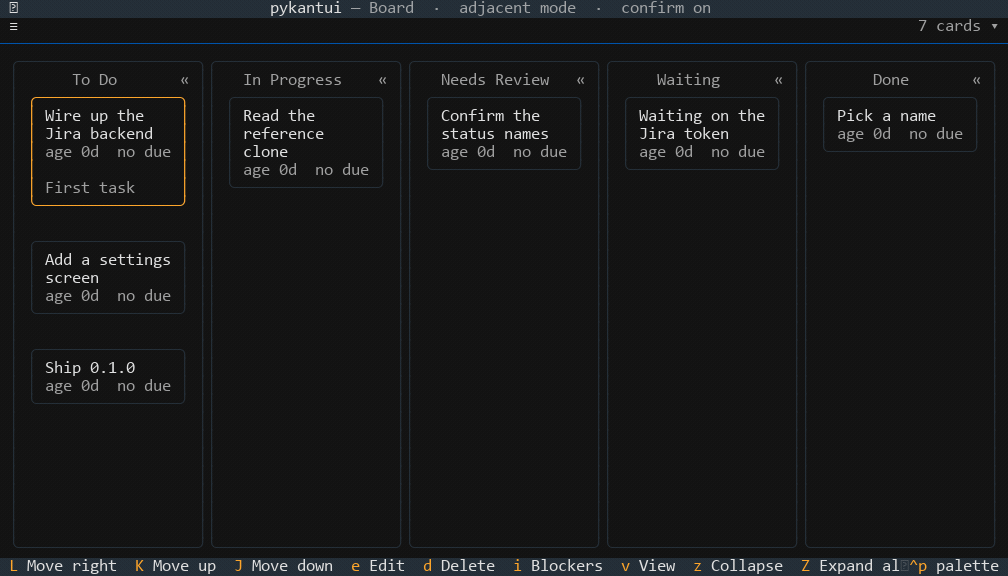 pykantui moving a card, opening it, collapsing a column and filtering