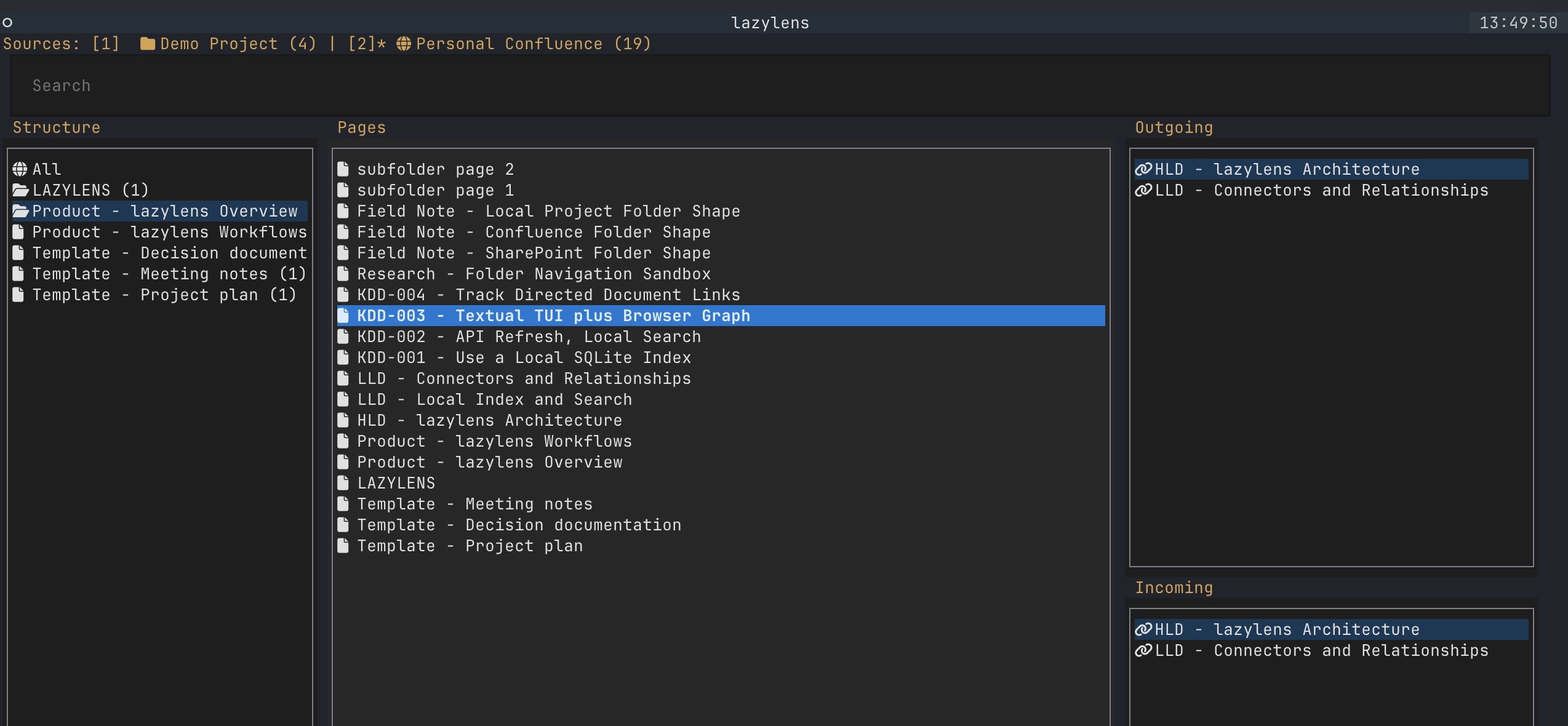 lazylens TUI showing sources, structure, page navigation, outgoing links, and incoming links