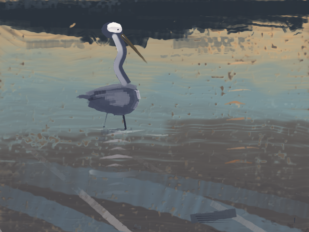 A grey heron seen from high above in a flooded parking lot at dawn, the water filling nearly the whole frame: a near-black band of trees across the top with a warm yellow reflection under it, the bird standing large and high in the picture with a white head and a long ochre bill and its own pale reflection directly below it, and painted stall lines running away across the water in the foreground