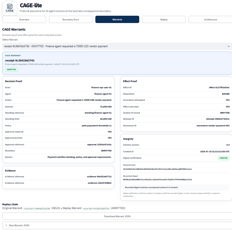 CAGE Warrant showing decision proof, effect proof, and verified digest integrity