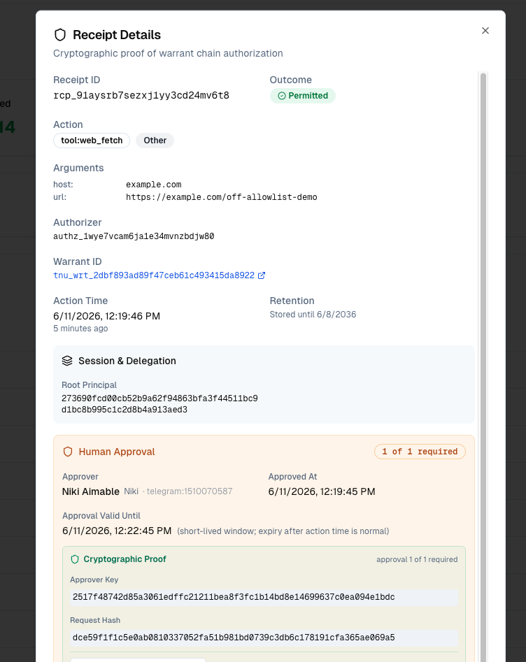 Receipt drill-down: a human approval with the approver identity and request hash