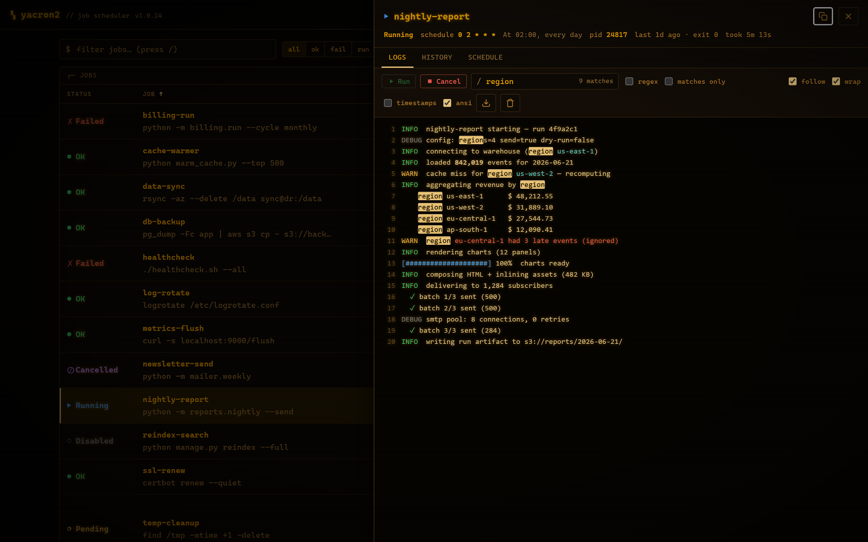 Live log tailing with ANSI color and in-log search