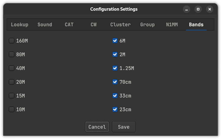 Bands Configuration Screen