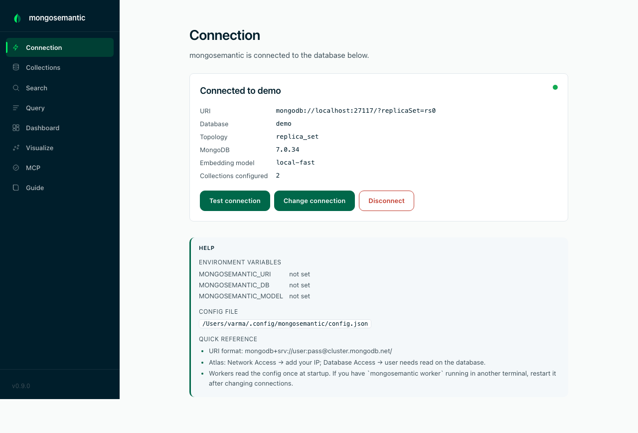 Connection page — connected to a self-hosted replica set with topology detection, saved-connection card, and developer help