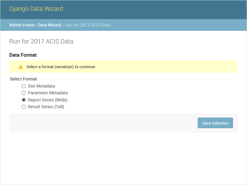 Serializer Choices: Site Metadata, Parameter Metadata, Report Series, and Result Series