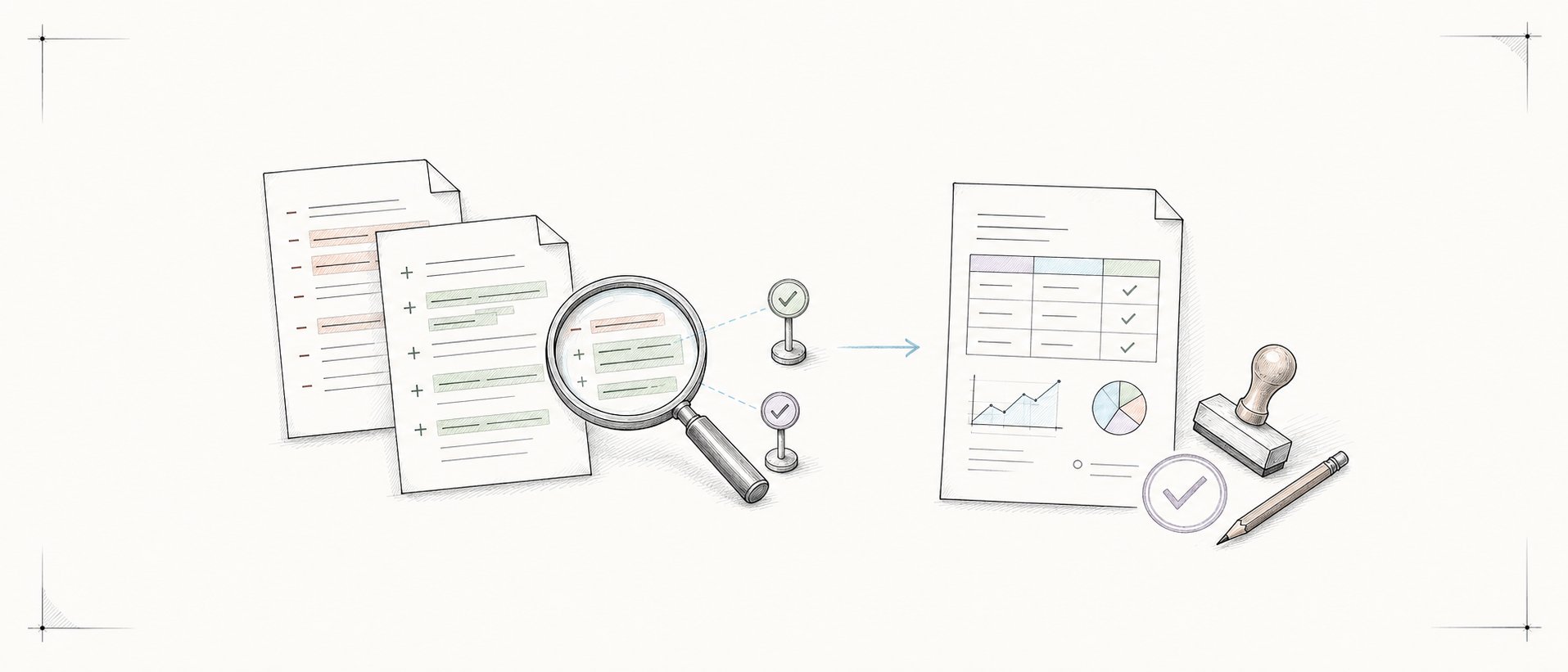 A local Git diff flowing through evidence checks into a report and human decision