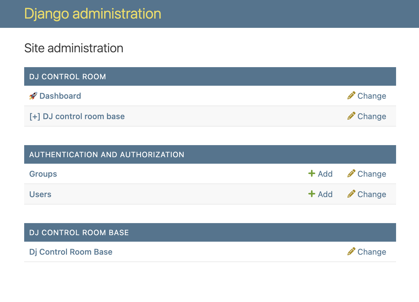 Django admin home showing the DJ Control Room Base sidebar entry