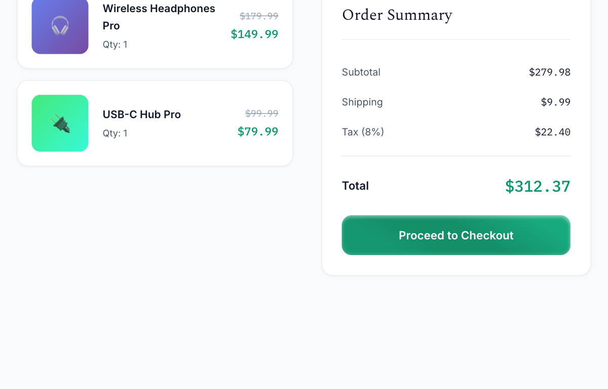 Cart — sale prices shown but subtotal uses original prices