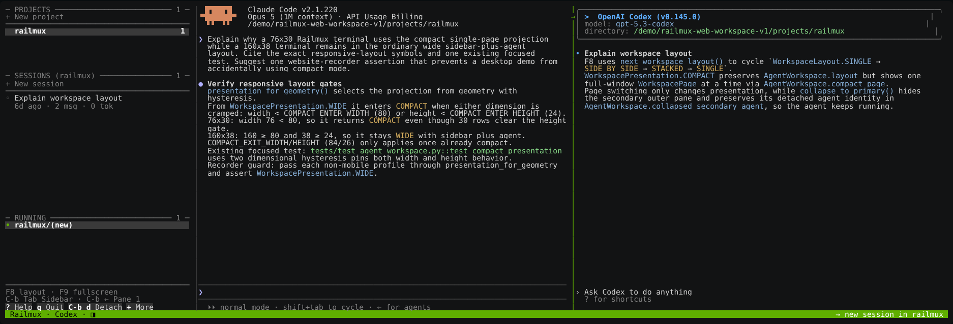 Railmux running Claude Code and Codex side by side with a project and session sidebar