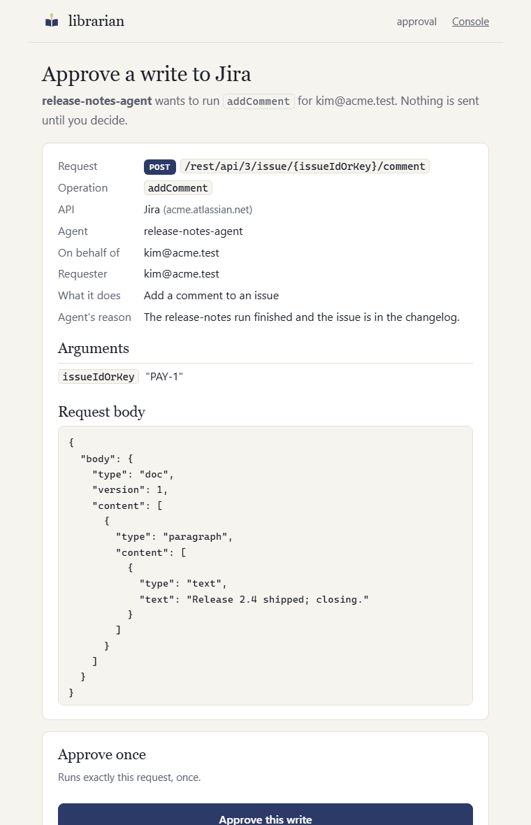 A write approval page: method, path, arguments and body, approve once, allow similar, or deny