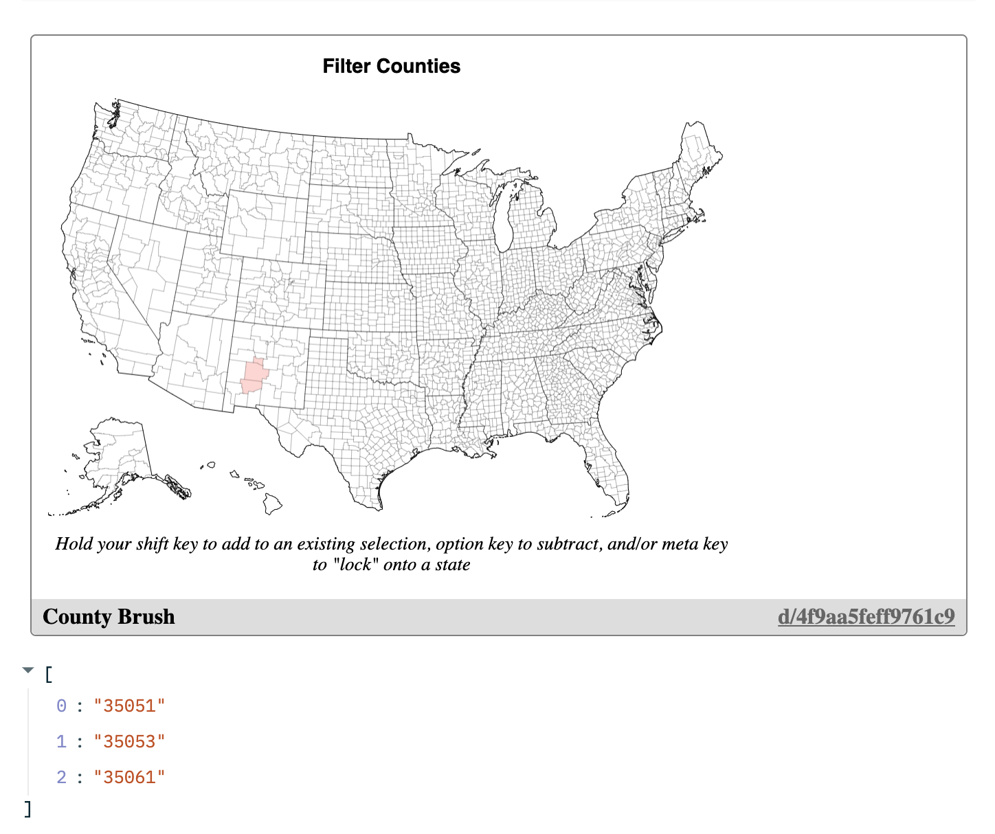 Rendered output of the code above, showing a map of the United States that can be brushed to select specific counties.
