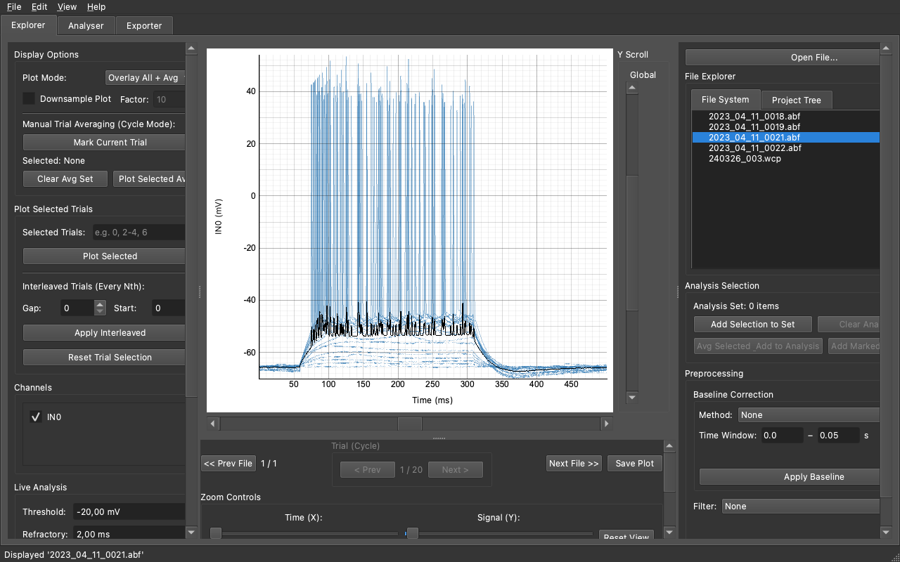 Synaptipy Explorer — multi-trial current-clamp recording with action potentials