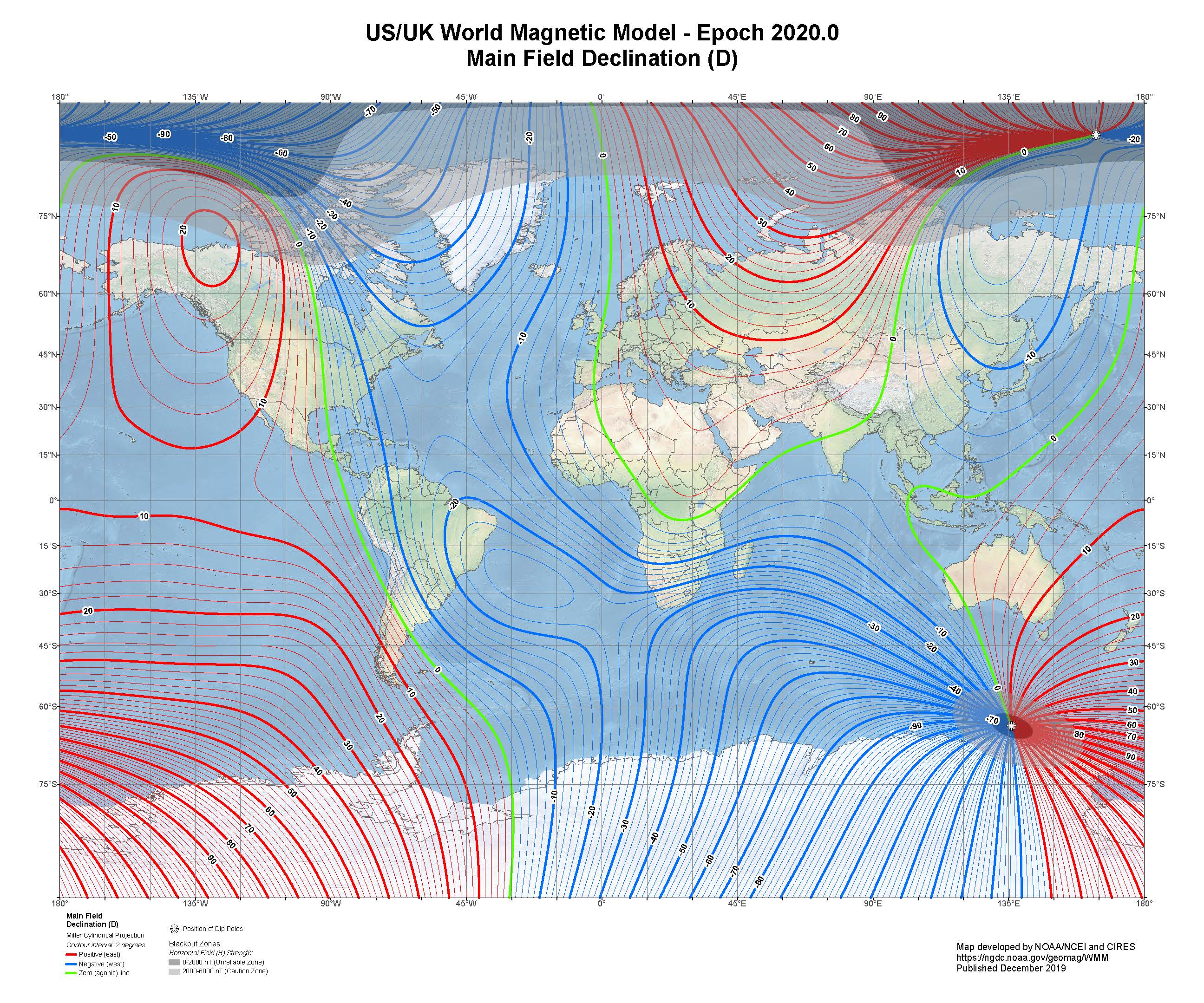 US/UK World Magnetic Model - Epoch 2020.0: Main Field Declination