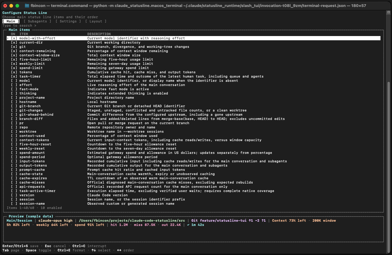 macOS external TUI Main page with sample preview