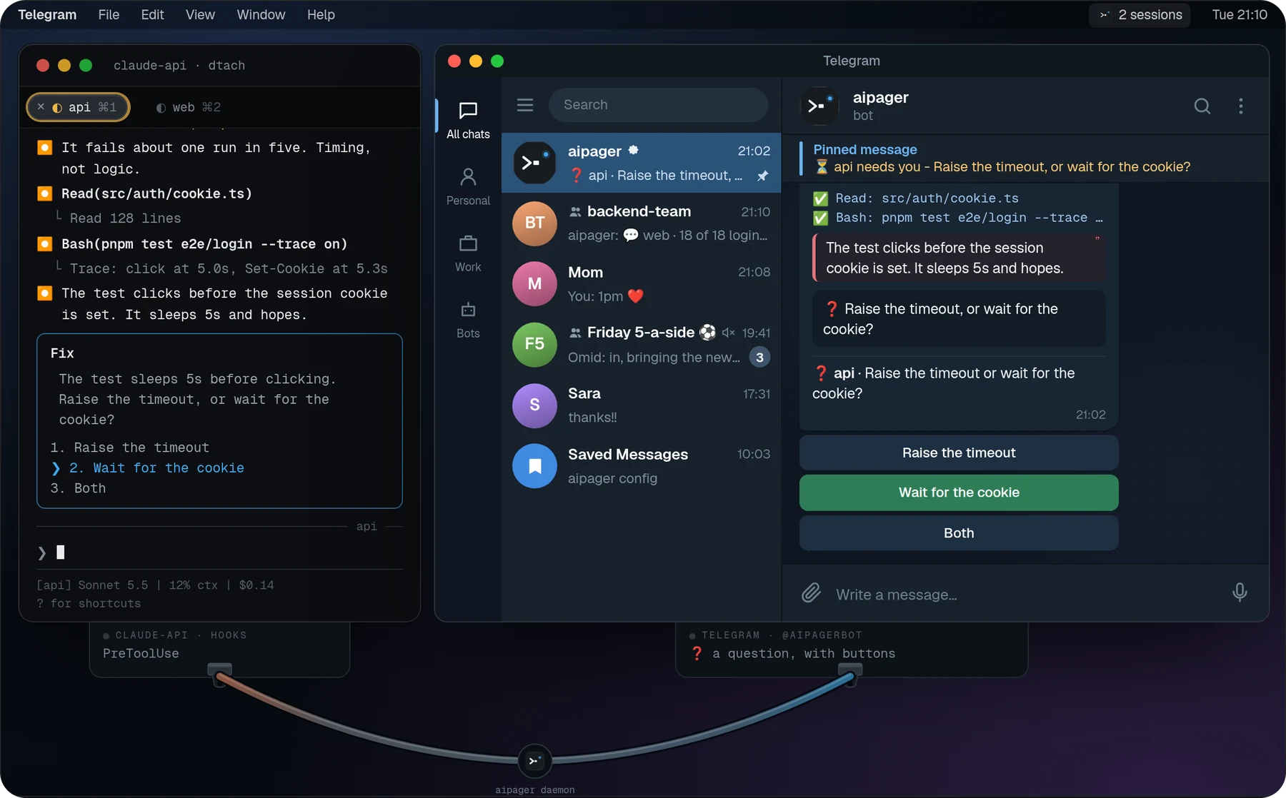 Claude asks whether to raise the timeout or wait for the cookie; the answer tapped in Telegram is picked in the terminal