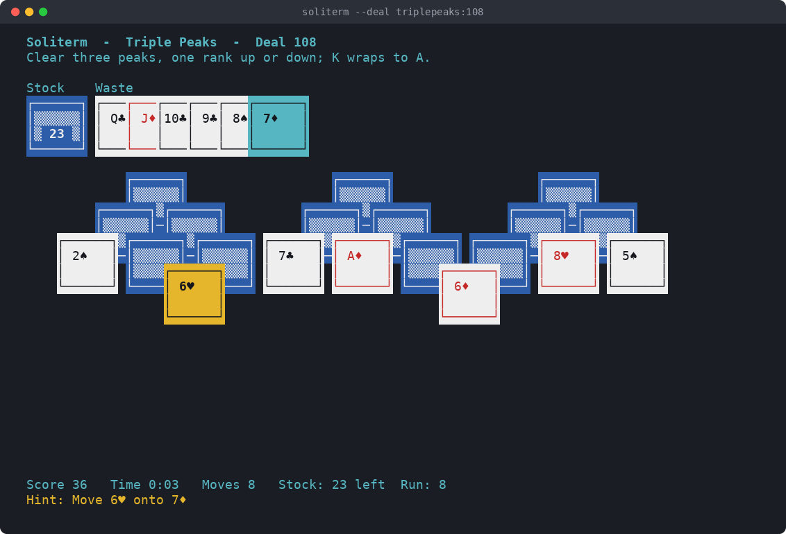 Triple Peaks deal 108: three overlapping peaks of cards, a waste fanned out from a run of eight, and the hint "Move 6♥ onto 7♦".
