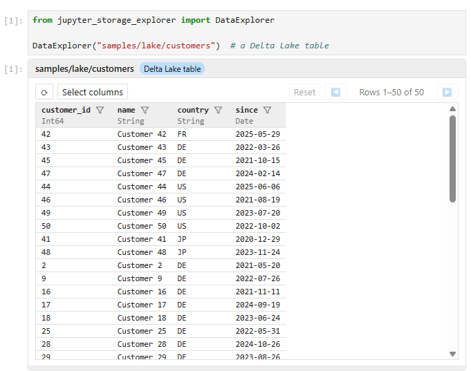DataExplorer showing a Delta Lake table in a notebook