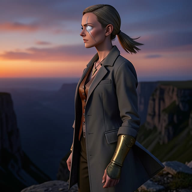 “strict side profile, on a cliff edge at dusk”