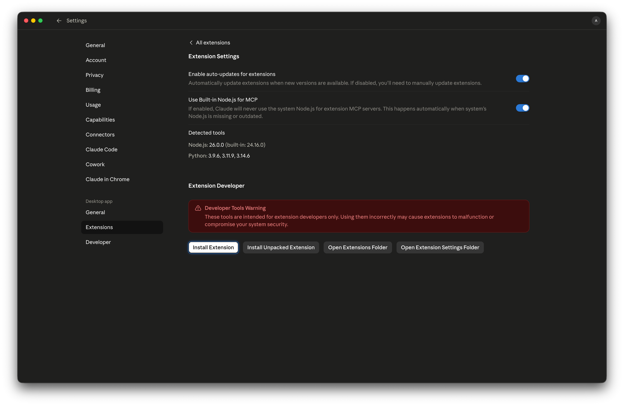 Claude Desktop Extension Settings — Install Extension and Install Unpacked Extension buttons
