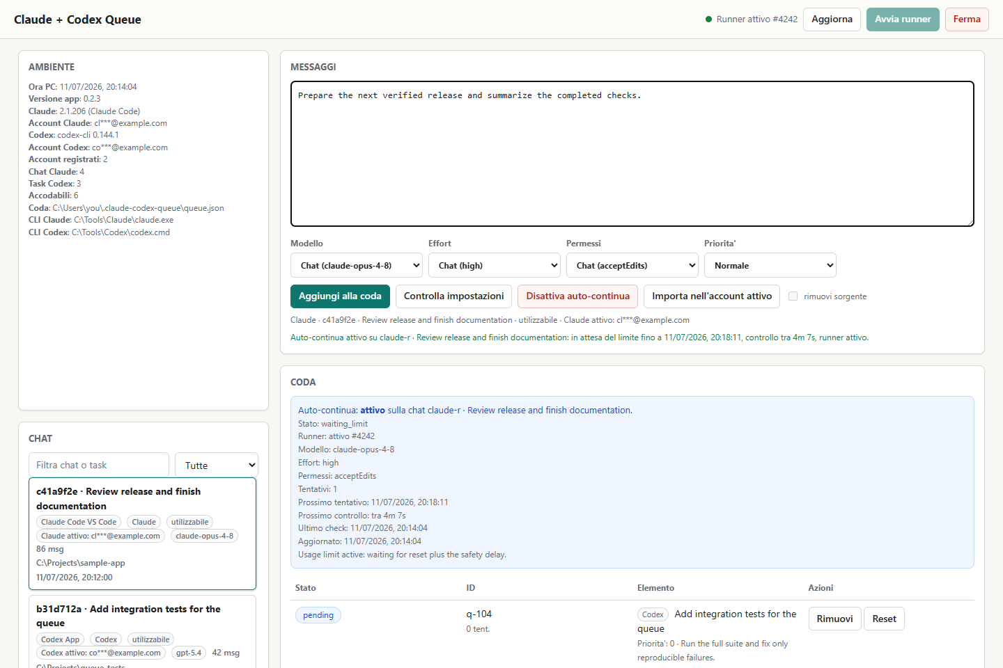 Claude + Codex Queue dashboard with anonymized sample data