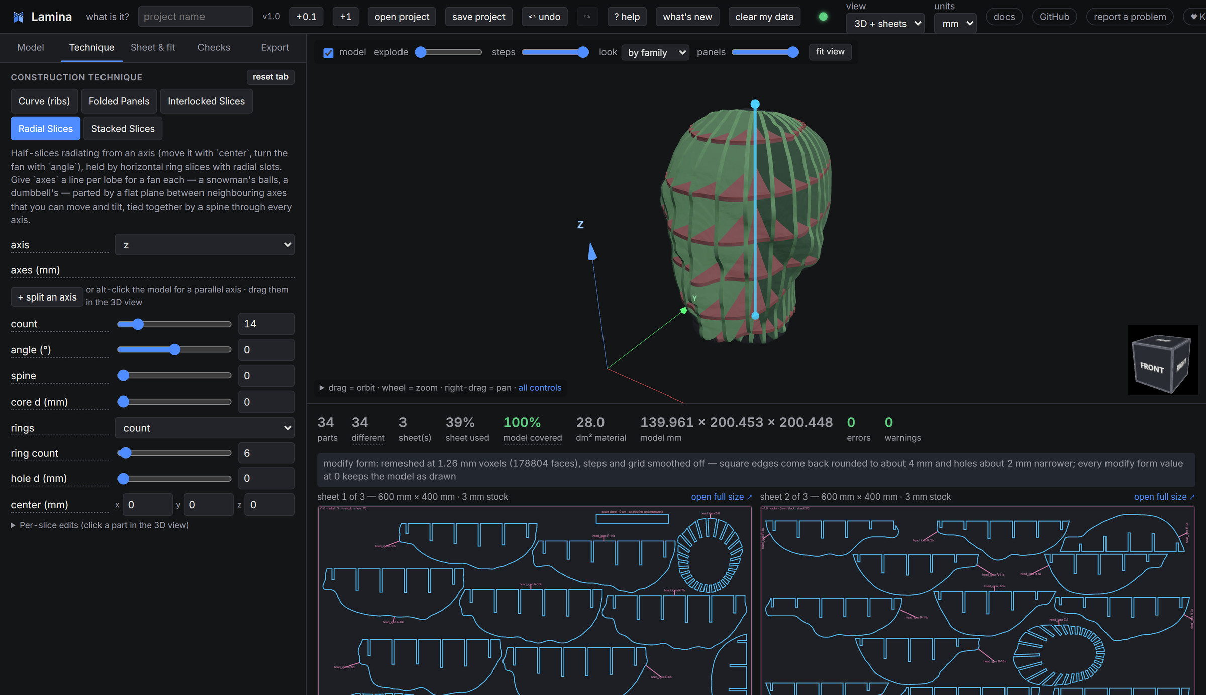 The Lamina interface: parameters on the left, a 3D preview of a radially sliced head, cut sheets below