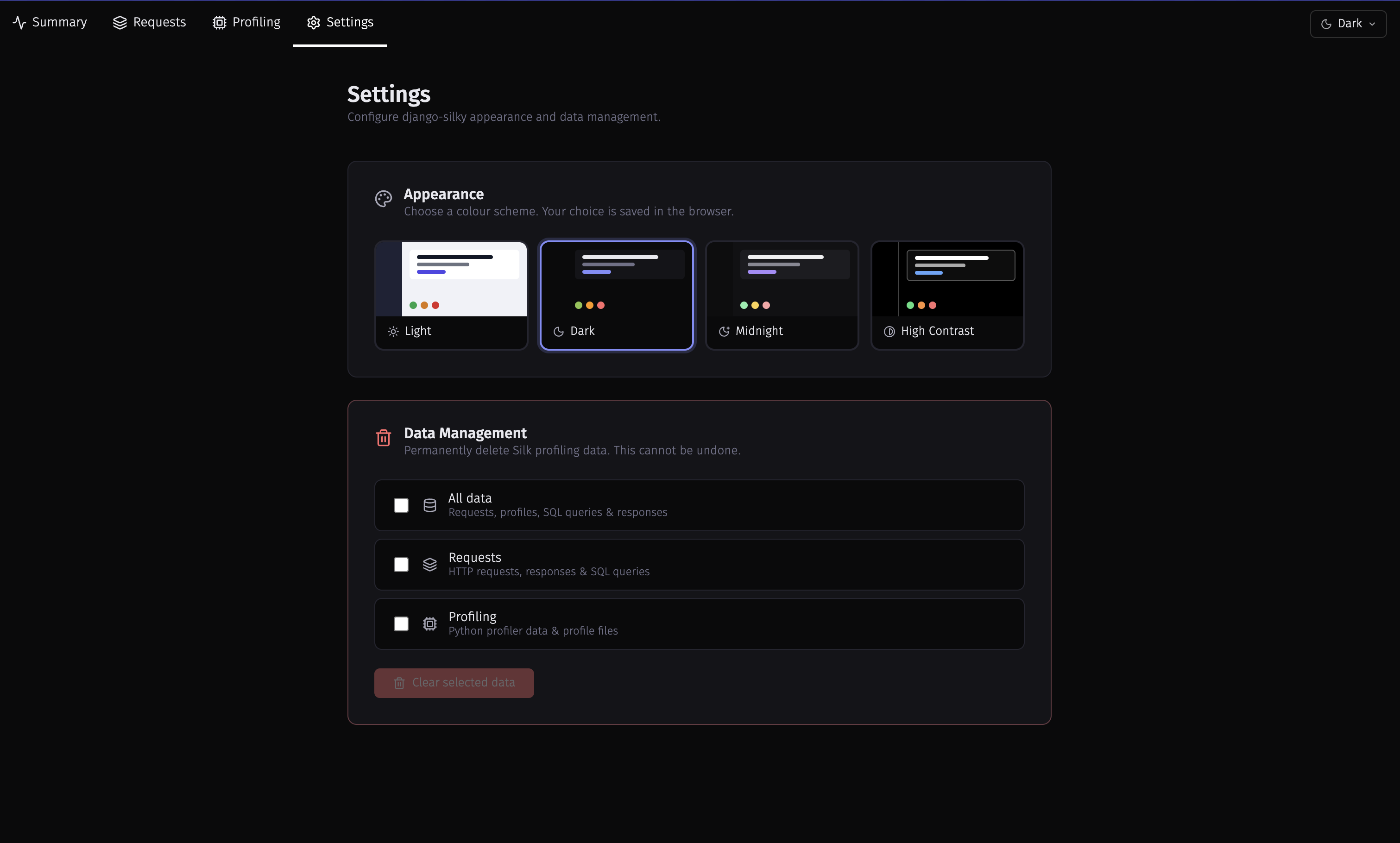 Settings page – colour scheme picker and data management