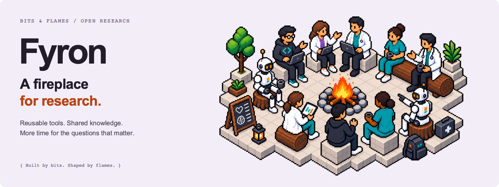 Fyron: a fireplace for research. Pixel-art researchers and developers gathered around a campfire.