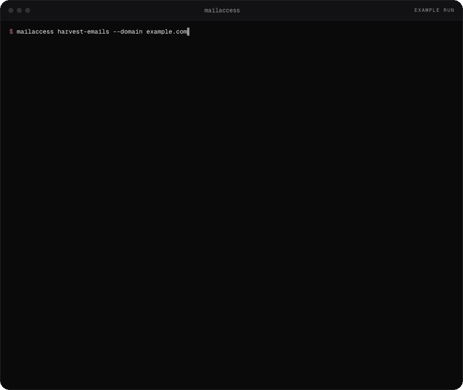Example run in the terminal: mailaccess harvest-emails --domain example.com runs 19 sources live, then lists graded addresses, people and role accounts