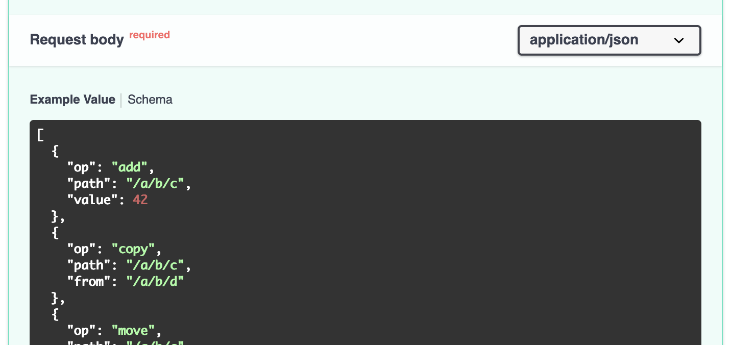 Screenshot of Swagger UI request body example