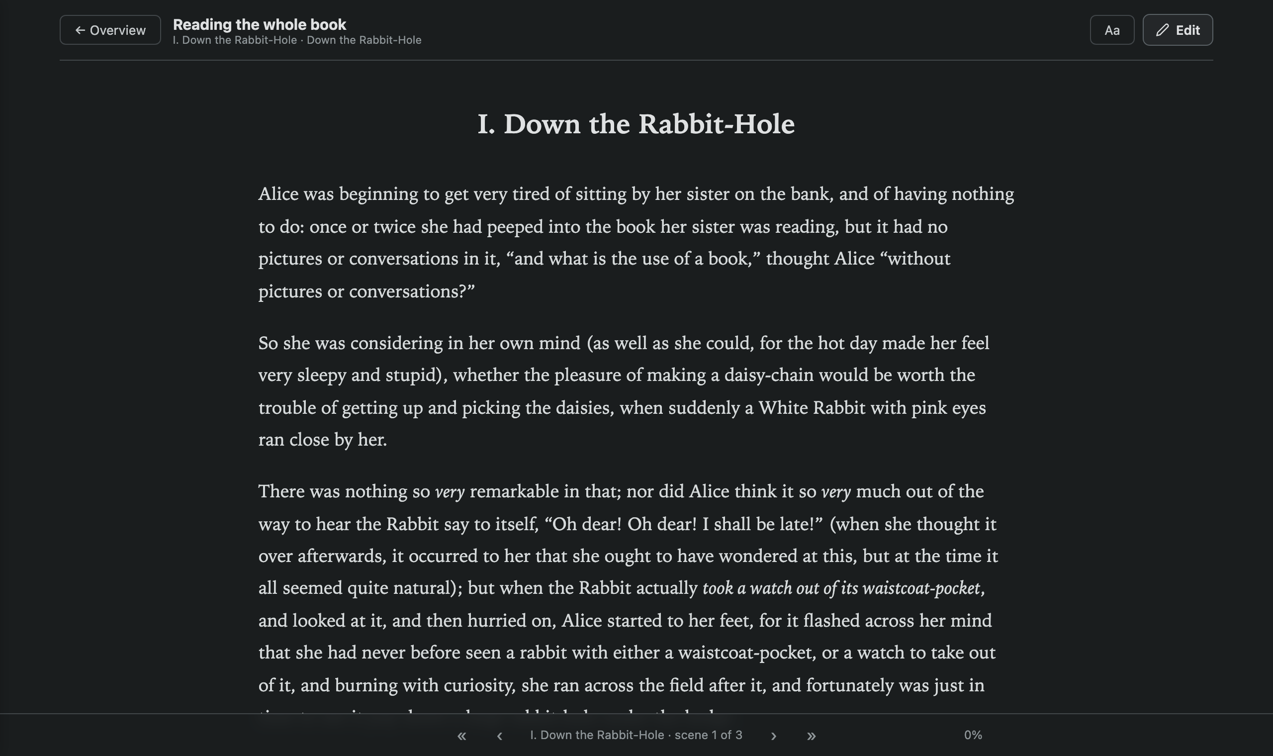 Read the book: the opening of the demo manuscript as one continuous text, with the progress and chapter bar along the bottom