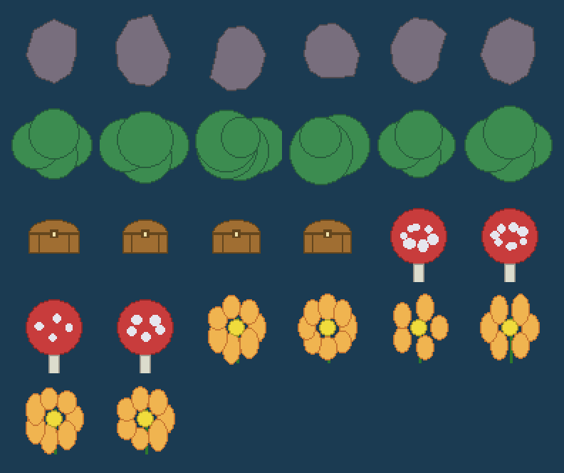 Props atlas: rock, bush, chest, mushroom, flower