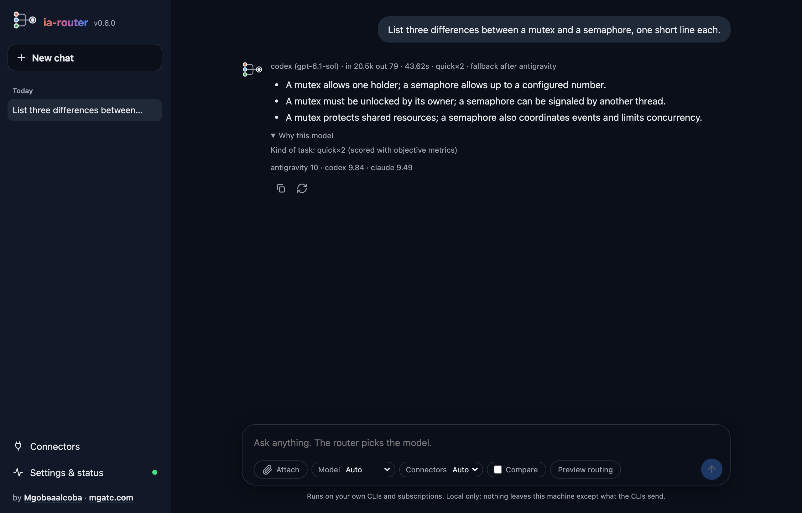 A real answer in the browser, with the model, tokens, cost and why it was picked