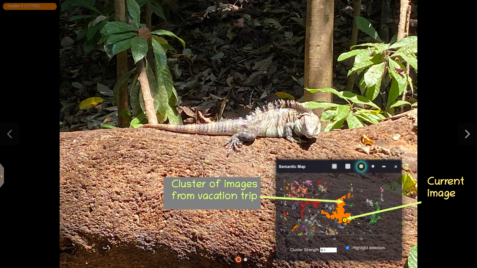 PhotoMap main display showing the semantic map of the user's photo album