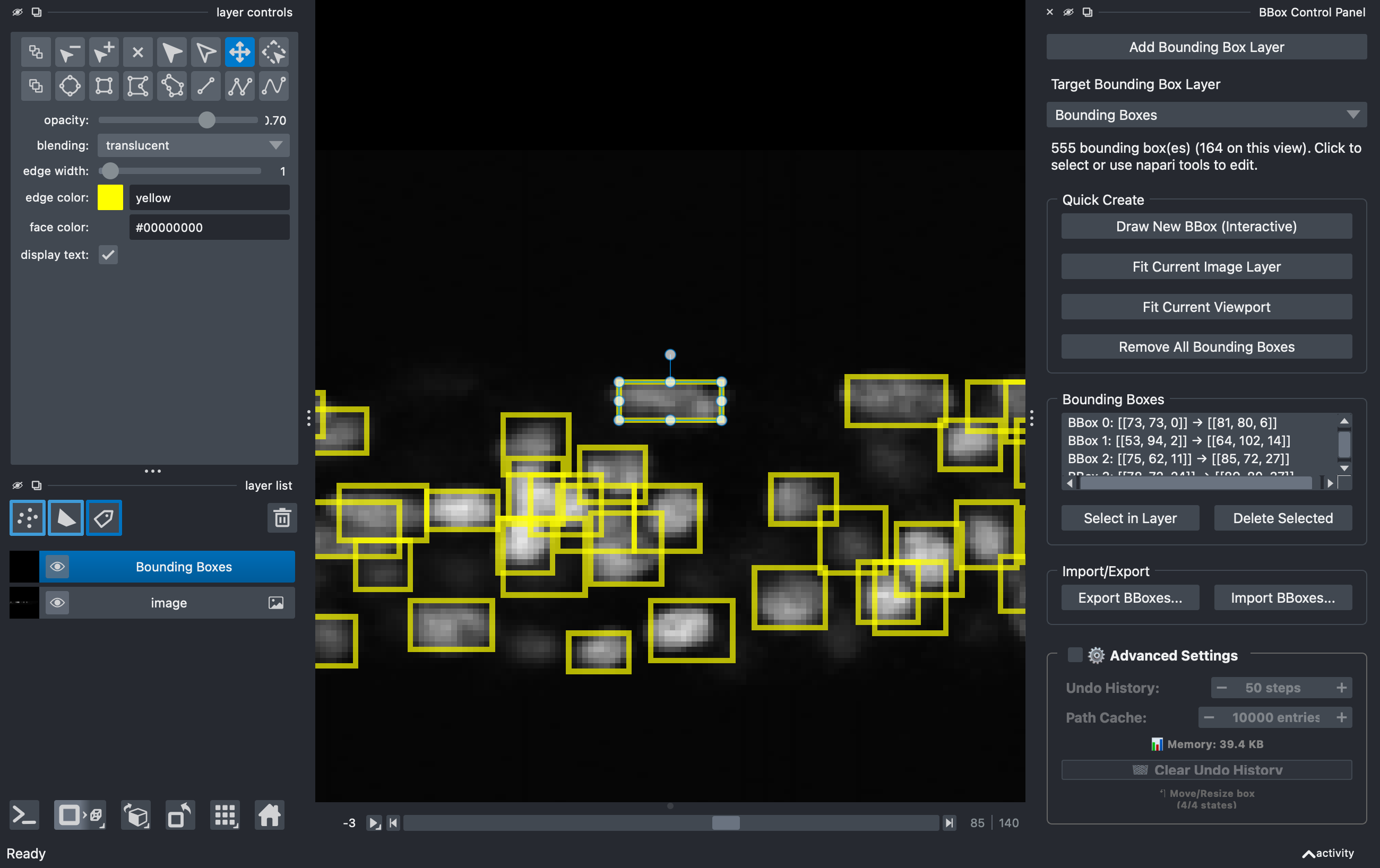The XY viewer window: napari's layer controls and layer list on the left, the canvas with the selected box in the middle, and the BBox Control Panel on the right with the target layer, the box count, the quick-create buttons, the box list, import and export, and the advanced settings.