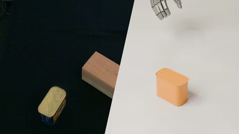 A hand lifting a can beside a Sharpa hand lifting it in physics, split on a diagonal