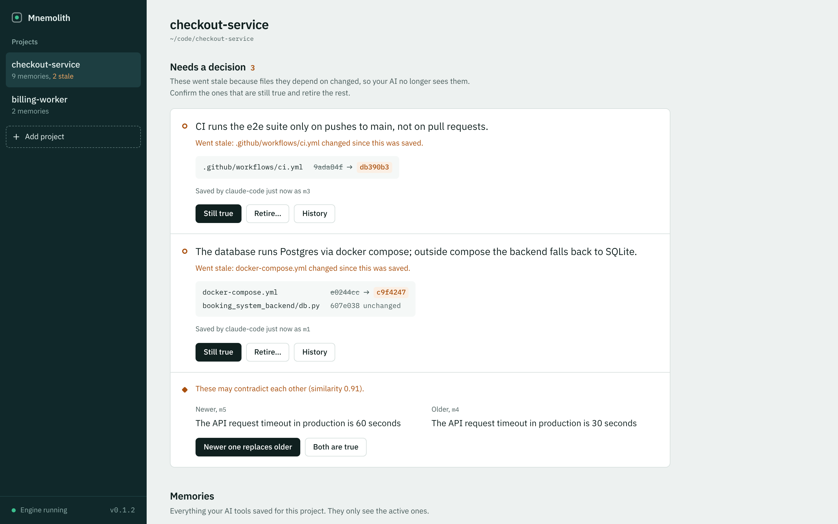 The Mnemolith dashboard showing stale memories and a possible conflict