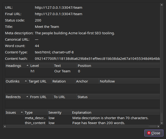 Page detail dialog