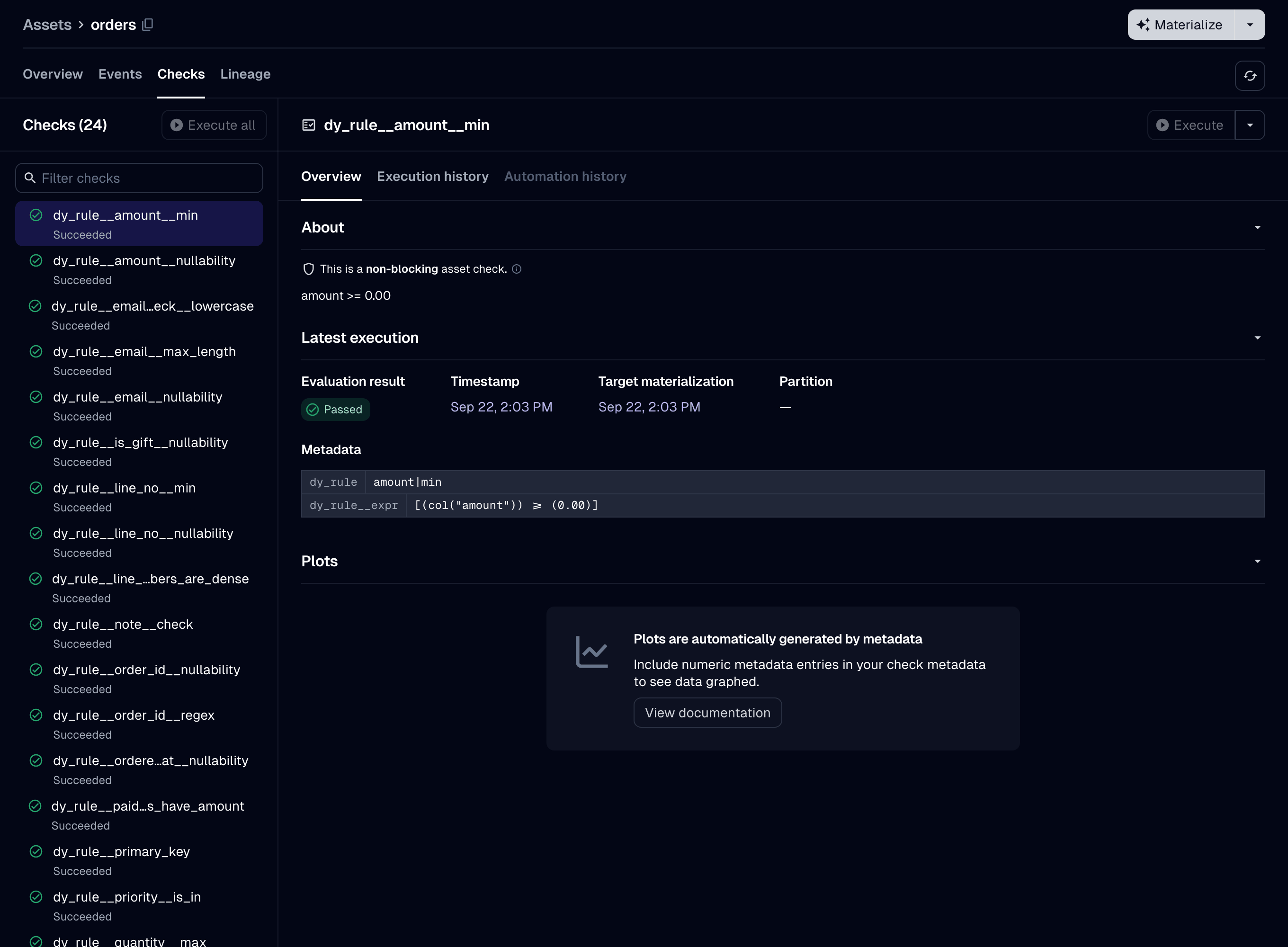 The Checks tab after a run with no failing rows, at the default granularity: one check per rule, each with its own history. The selected check's description is its rendered constraint, and its metadata has the rule's name and expression.