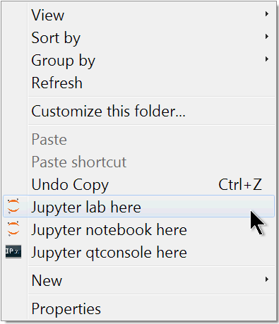 Jupyter context menu entries in windows