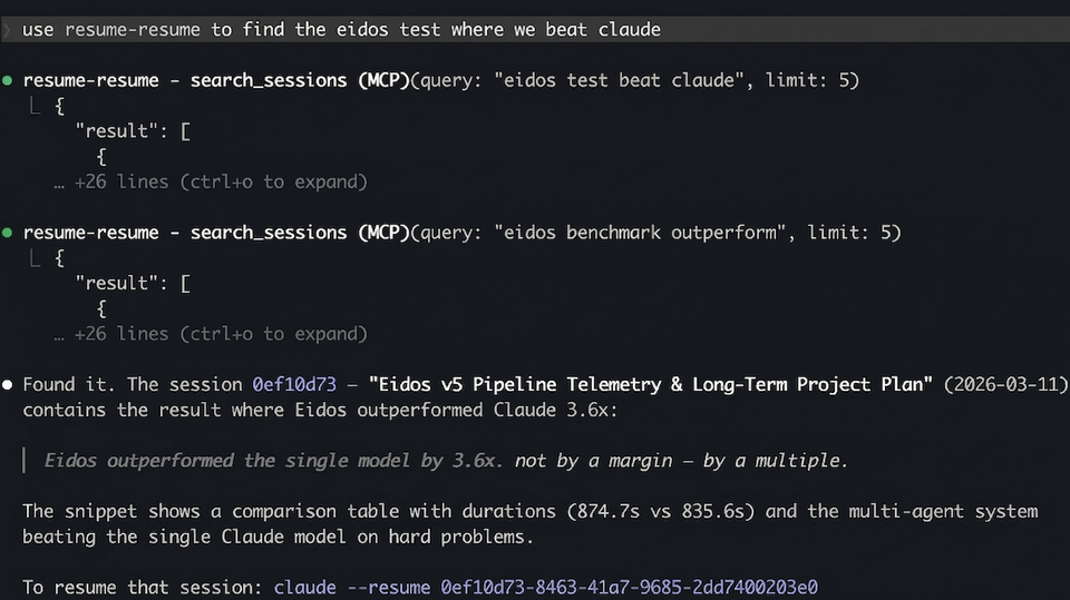 resume-resume eidos benchmark search
