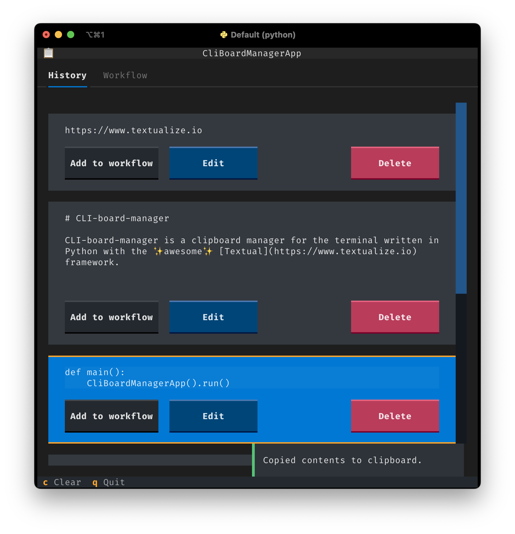 Screenshot showing the clipboard history