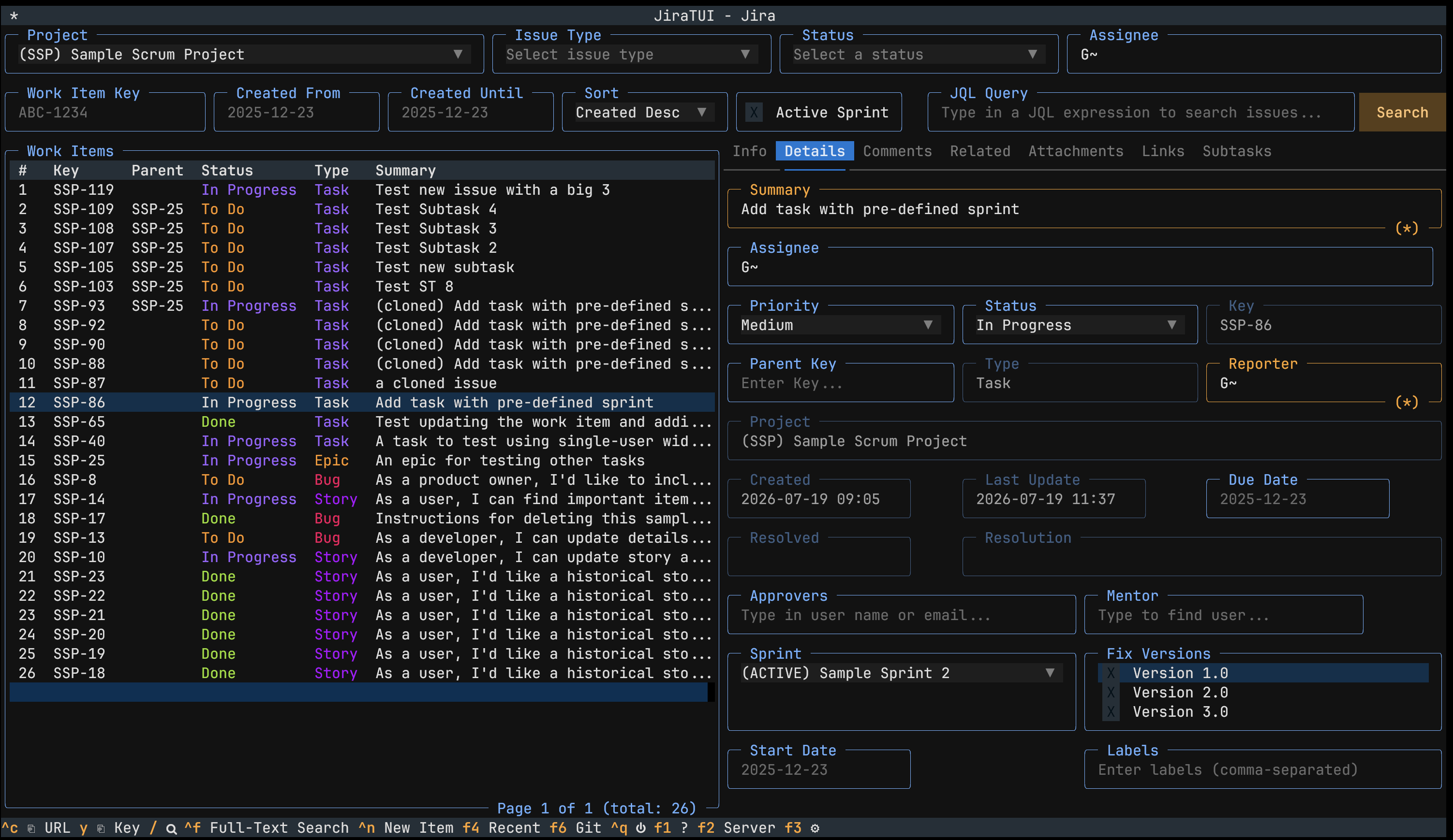 The initial screen of JiraTUI
