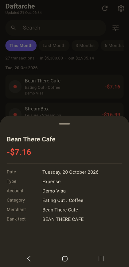 Phone: one transaction opened, with its date, account, category and merchant