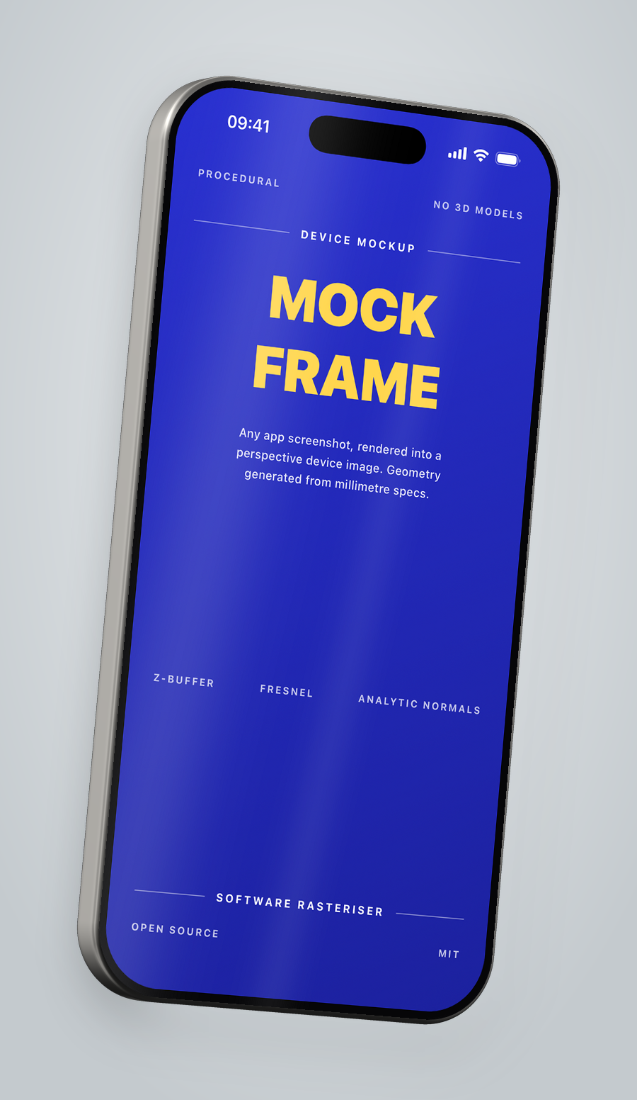 Rendered iPhone 16 Pro turned slightly left against a light gradient, its screen showing a deep blue placeholder design with MOCK FRAME set in large yellow type
