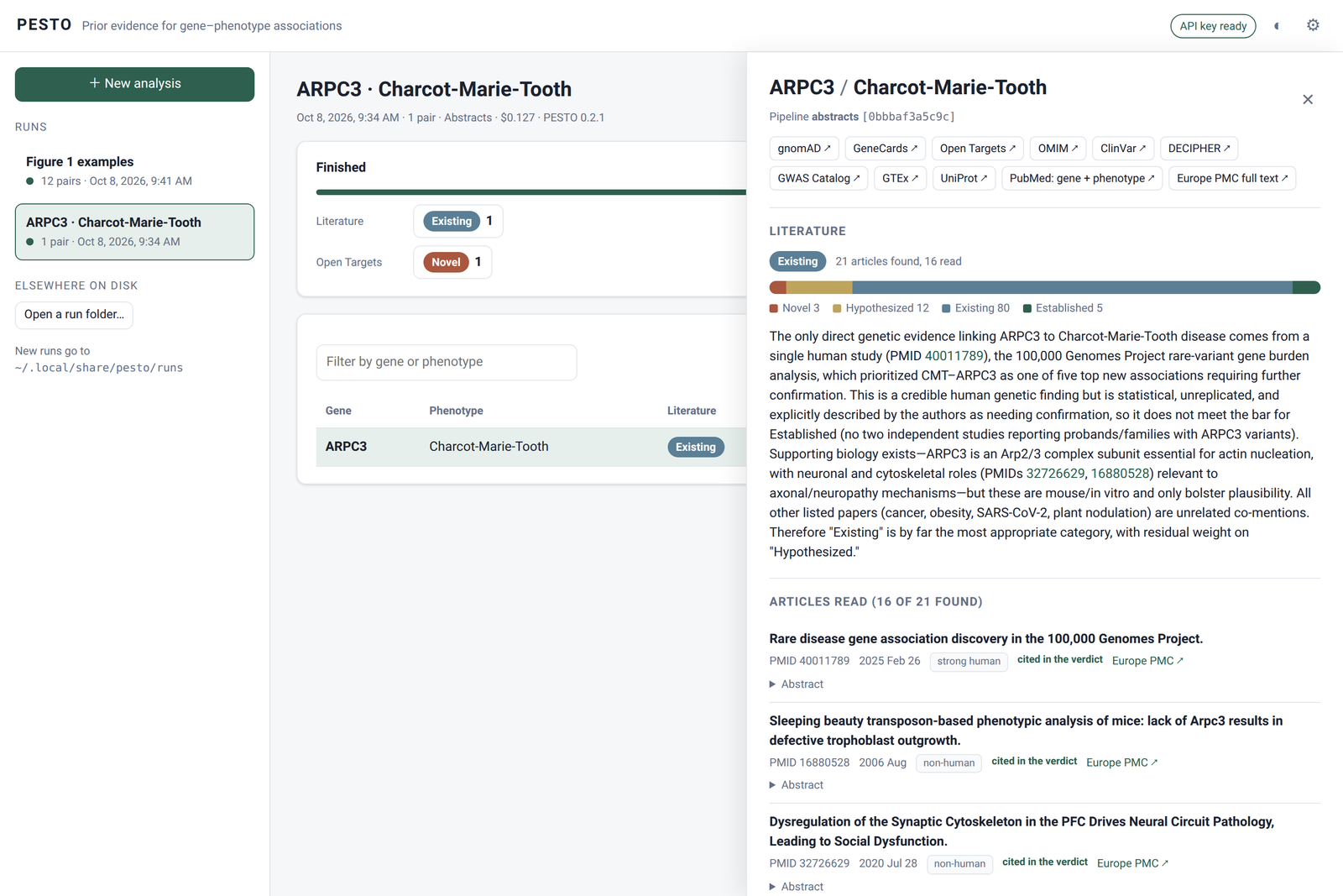 pesto browser: one pair opened on its literature verdict, the justification and the articles read