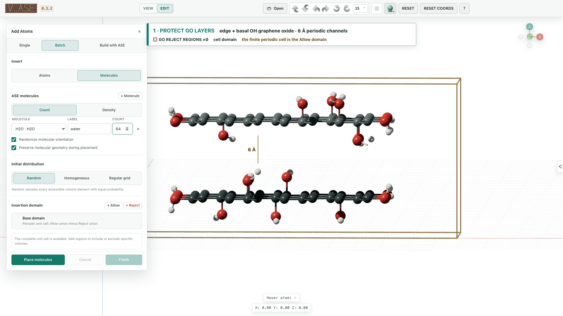 Rigid water molecules placed around edge- and basal-hydroxylated graphene-oxide layers