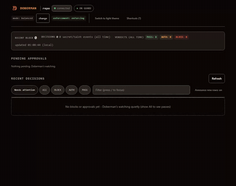 The doberman demo attack reel against the live dashboard: a secret exfiltration, a destructive rm -rf, a protected-branch force push, a smuggled-token egress and a .env read are blocked in the live feed, then a human denies a high-risk SSH-trust-file write from the pending-approvals queue